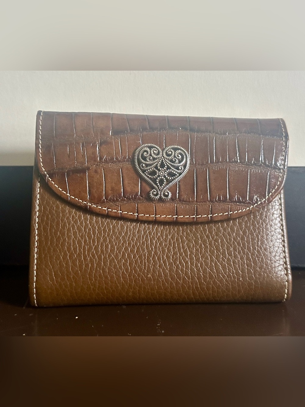 Brighton Brown Croc-Embossed Leather Wallet with Heart Concho
